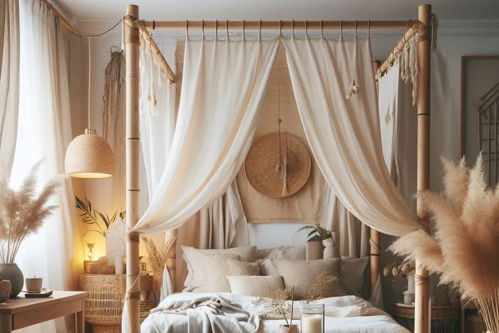 Cozy Bedroom Decor Ideas Bamboo and Linen Canopy