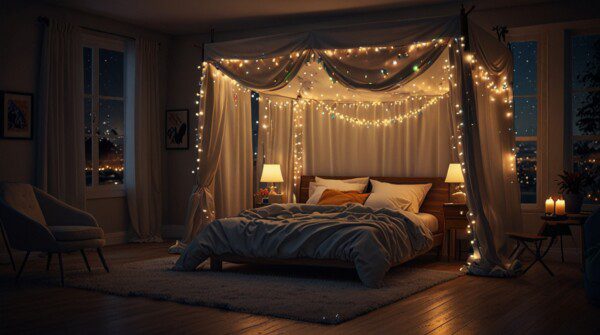 Cozy bedroom decor ideas Bed Tent with Twinkling Lights