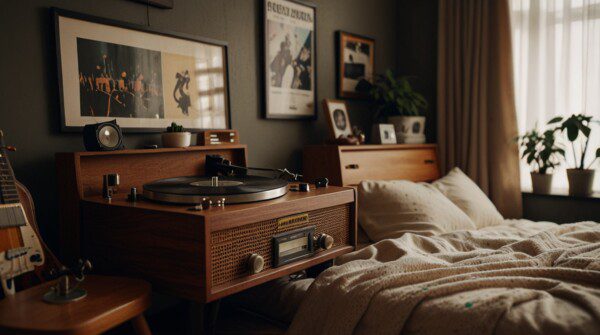 Cozy Bedroom Decor Ideas Vintage Record Player and Vinyls 
